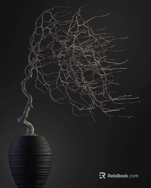 Bonsai Plant with Twisted Leafless Branches in Black Pot on Dark Background 3d model 