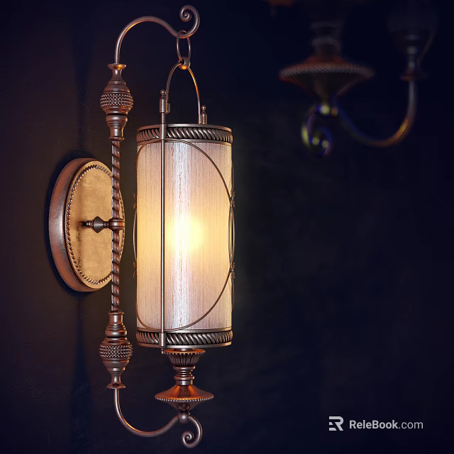 Classic Wall Lamp With Ornate Metal Bracket And Translucent Linen Shade Emitting Warm Glow 3d model 