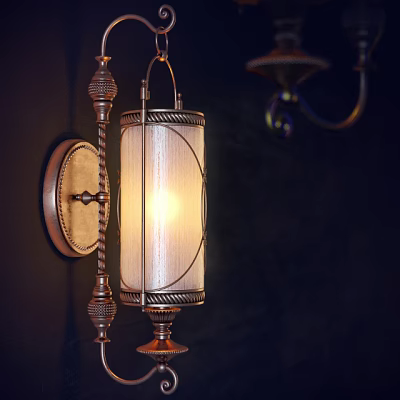 Classic Wall Lamp With Ornate Metal Bracket And Translucent Linen Shade Emitting Warm Glow 3d model