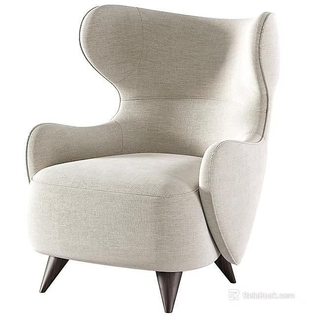 Beige Accent Chair With Linen Fabric Curved Backrest And Wooden Legs Modern Design 3d model 