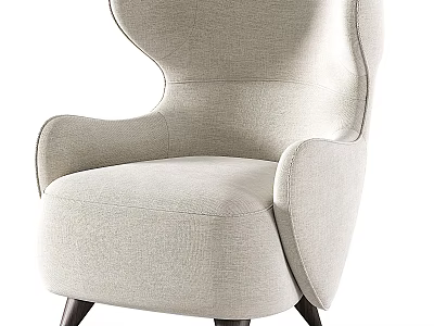 Beige Accent Chair With Linen Fabric Curved Backrest And Wooden Legs Modern Design 3d model