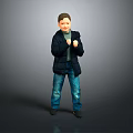 Man In Dark Blue Puffer Jacket And Blue Jeans With Fists Clenched On Gray Background