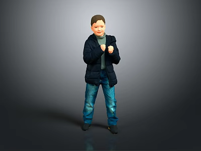 Man In Dark Blue Puffer Jacket And Blue Jeans With Fists Clenched On Gray Background 3d model
