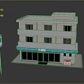 Three Story Building With Ground Floor Shop Green Blue Stripe Signboard And Road Sign