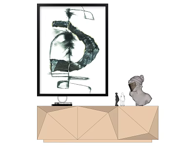Modern Geometric Cabinet With Abstract Painting And Decorative Figurines 3d model