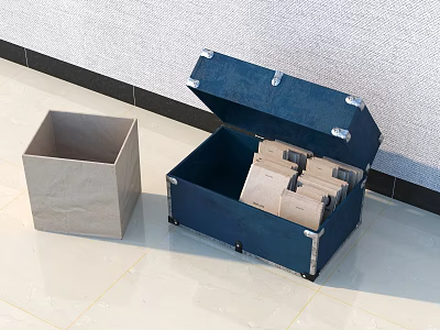 Open Blue Storage Box With Documents And Gray Empty Box Nearby 3d model