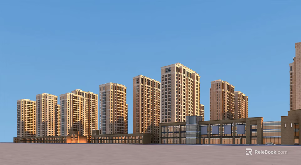 Modern High Rise Residential Buildings With Blue Sky And Square Front 3d model 