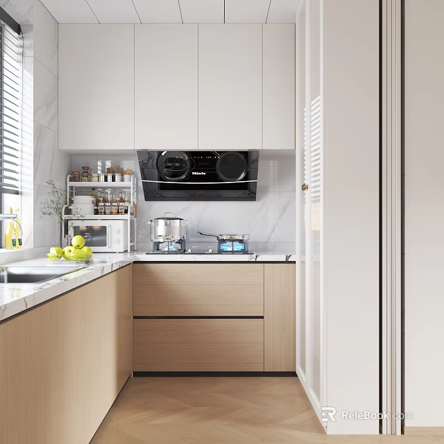 Modern Kitchen Interior Design With White Cabinets Wooden Elements Marble Countertop And Appliances 3d model 