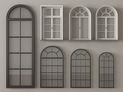 Various Arched And Rectangular Window Designs With Black White Frames And Glass Panes 3d model