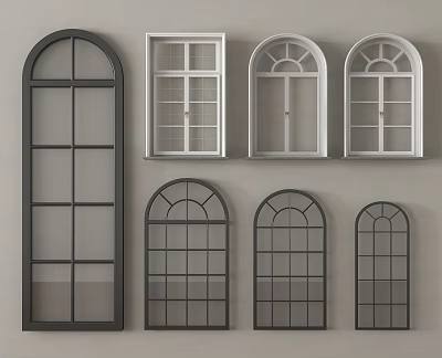 Various Arched And Rectangular Window Designs With Black White Frames And Glass Panes 3d model