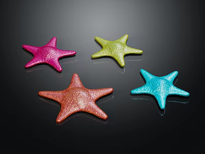 Four Colorful Starfish in Pink Green Orange and Blue on Black Background 3d model