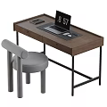 Wooden Office Desk With Laptop Phone Notebook Pen Black Metal Legs And Grey Padded Chair