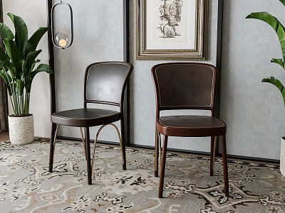 Elegant Leather Dining Chairs With Metal Frames Against Wall And Green Plants On Patterned Rug 3d model