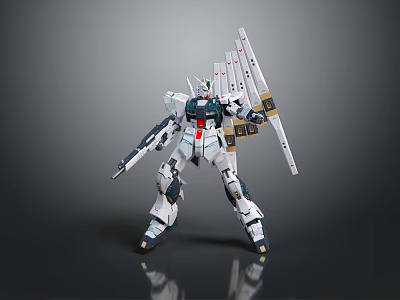 White Gundam Robot Figure With Multiple Weapons And Wing Like Equipment In Standing Stance 3d model