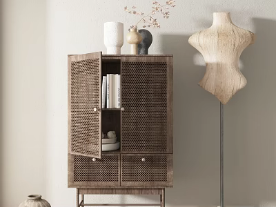 Wooden Sideboard With Rattan Weave Doors Open Storage And Decorative Items 3d model