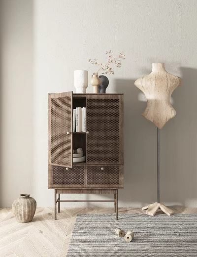 Wooden Sideboard With Rattan Weave Doors Open Storage And Decorative Items 3d model