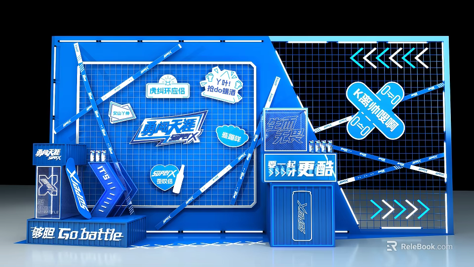 Vibrant Blue 3D Photo Check In Spot With Grid Background Stickers Arrows And Sports Slogans 3d model 