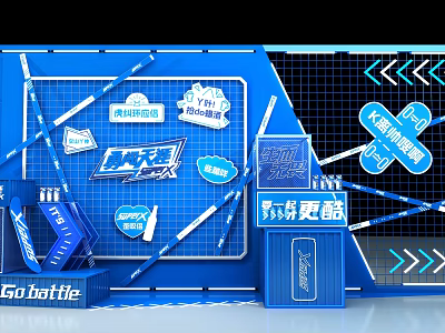 Vibrant Blue 3D Photo Check In Spot With Grid Background Stickers Arrows And Sports Slogans 3d model