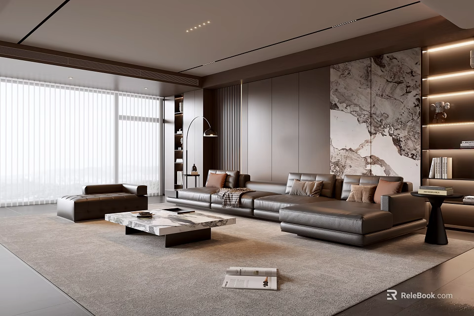 Modern Living Room Interior With Dark Sofa Marble Accent Wall Large Windows And Area Rug 3d model 