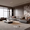 Modern Living Room Interior With Dark Sofa Marble Accent Wall Large Windows And Area Rug