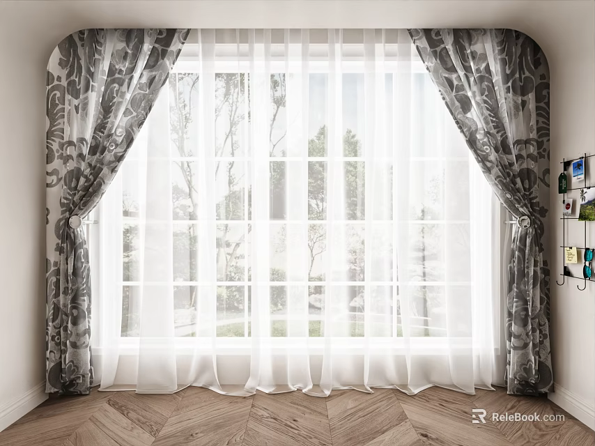 Patterned Curtains With Sheer White Lining For Arched Window Green Trees Outside Wooden Floor 3d model 