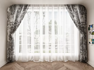 Patterned Curtains With Sheer White Lining For Arched Window Green Trees Outside Wooden Floor 3d model