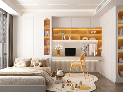 Tatami Bedroom Interior Design With Bed Plush Toys Desk Computer Open Bookshelves And Soft Rug 3d model