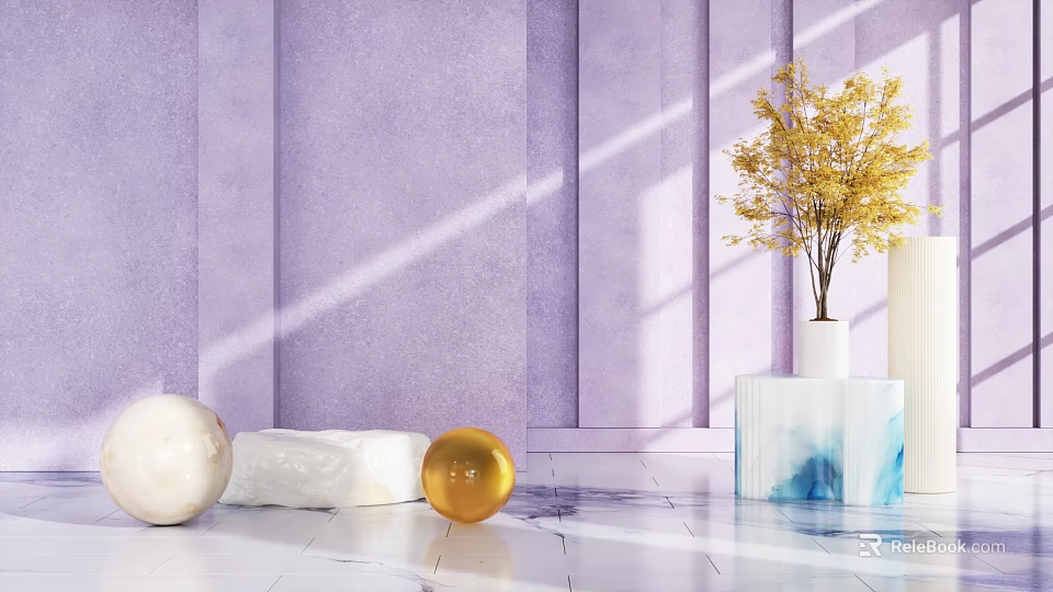 Modern Interior Decor With Purple Wall Marble Floor Golden White Spheres Yellow Flowers In Vase 3d model 