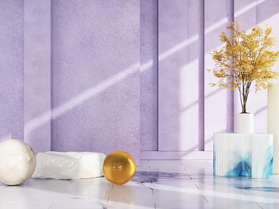 Modern Interior Decor With Purple Wall Marble Floor Golden White Spheres Yellow Flowers In Vase 3d model
