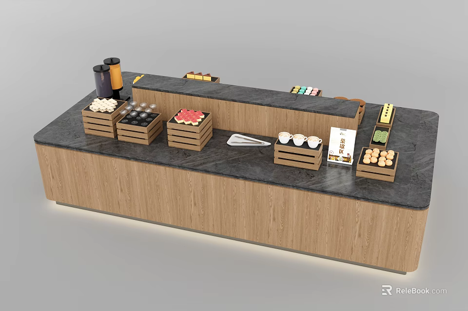 Wooden Display Counter With Black Top Wooden Crates Eggs Beverage Bottle And Utensils 3d model 