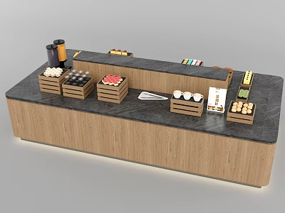 Wooden Display Counter With Black Top Wooden Crates Eggs Beverage Bottle And Utensils 3d model