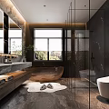 Modern Bathroom Interior with Marble Walls Bathtub Shower Area and Vanity