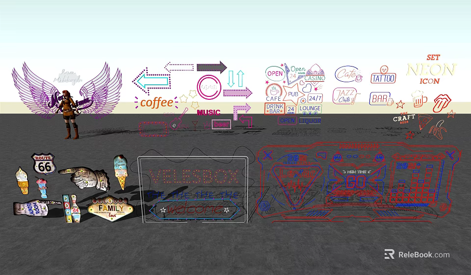 Colorful Decorative Lighting For Coffee Shop With Creative Icons And Arrows 3d model 