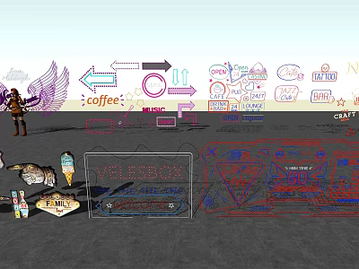 Colorful Decorative Lighting For Coffee Shop With Creative Icons And Arrows 3d model