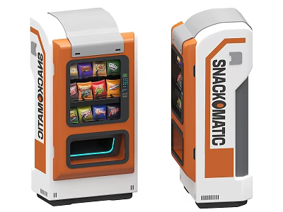 SNACKOMATIC Commercial Vending Machine For Selling Various Snacks With Modern White And Orange Design 3d model