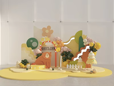 Colorful Kids Party Decoration With Cartoon Bear Balloons Floral Decor House Fence And Yellow Platform 3d model