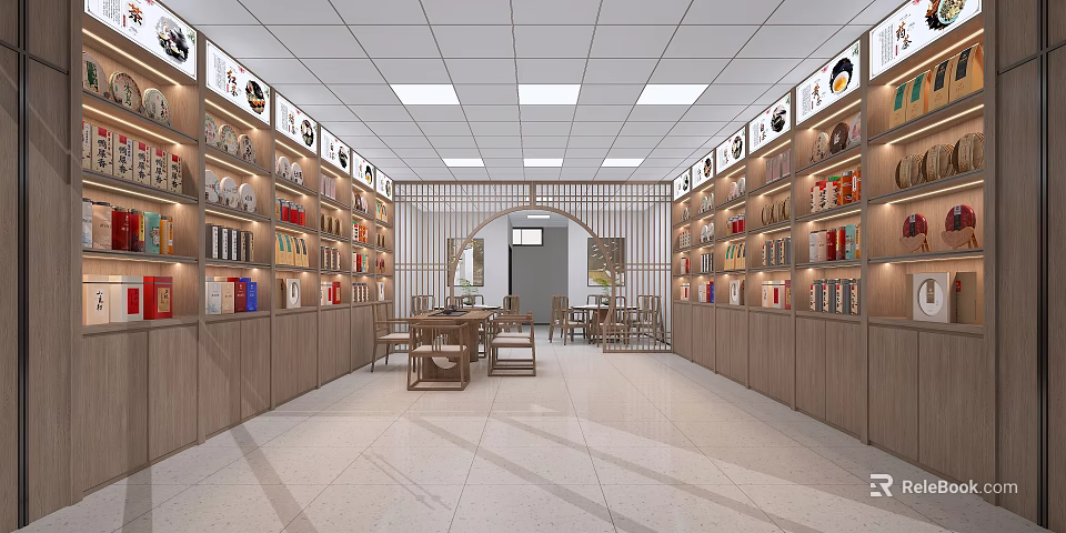 Mall Shop Interior With Wooden Shelves Products Tables And Arched Partition 3d model 