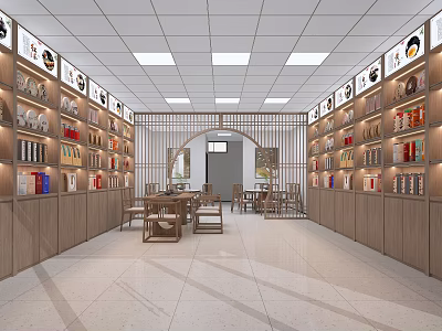 Mall Shop Interior With Wooden Shelves Products Tables And Arched Partition 3d model