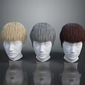 Three Different Colored Wigs Blonde Gray Brown On White Human Head Mannequins For Role Styling