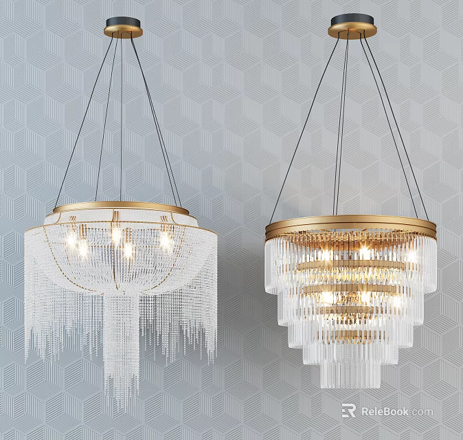 Illuminated Hanging Crystal Chandeliers With Gold Frames For Elegant Modern Interior Decor 3d model 