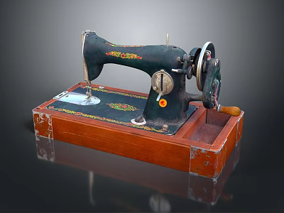 Vintage Sewing Machine With Wooden Base And Decorative Patterns On Black Body 3d model