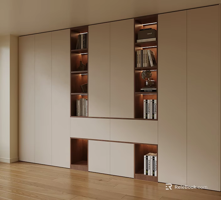Modern Light Colored Built in Bookcase With Shelves Books And Decorative Items 3d model 