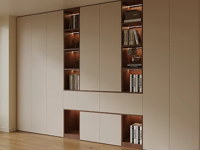 Modern Light Colored Built in Bookcase With Shelves Books And Decorative Items 3d model