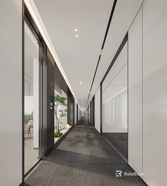 Modern Office Corridor With Glass Partitions Recessed Lighting Green Plants And Open Design 3d model 
