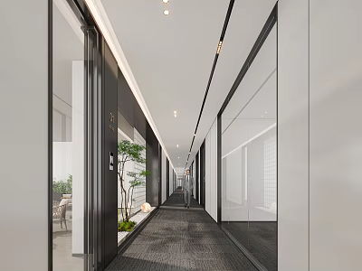 Modern Office Corridor With Glass Partitions Recessed Lighting Green Plants And Open Design 3d model