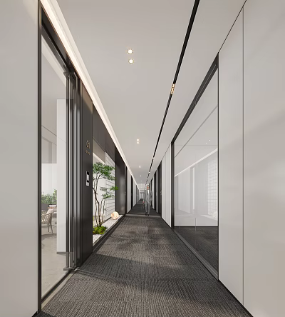 Modern Office Corridor With Glass Partitions Recessed Lighting Green Plants And Open Design 3d model