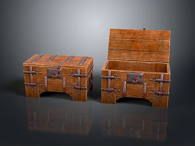 Two Wooden Storage Boxes One Closed One Open With Wood Grain And Metal Clasps 3d model