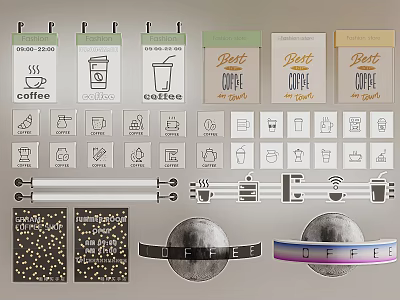 Coffee Billboard Design Featuring Various Coffee Icons Cups And Menu Stickers 3d model