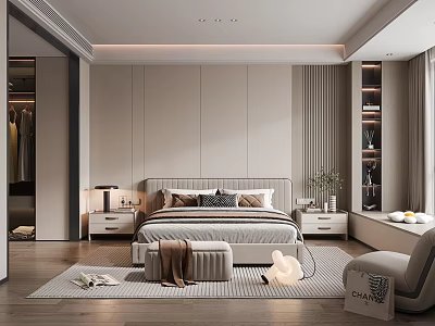 Modern Gray Tone Bedroom Interior With Open Closet Area Rug Bedside Lamp And Accent Chair 3d model