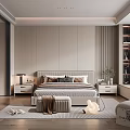 Modern Gray Tone Bedroom Interior With Open Closet Area Rug Bedside Lamp And Accent Chair
